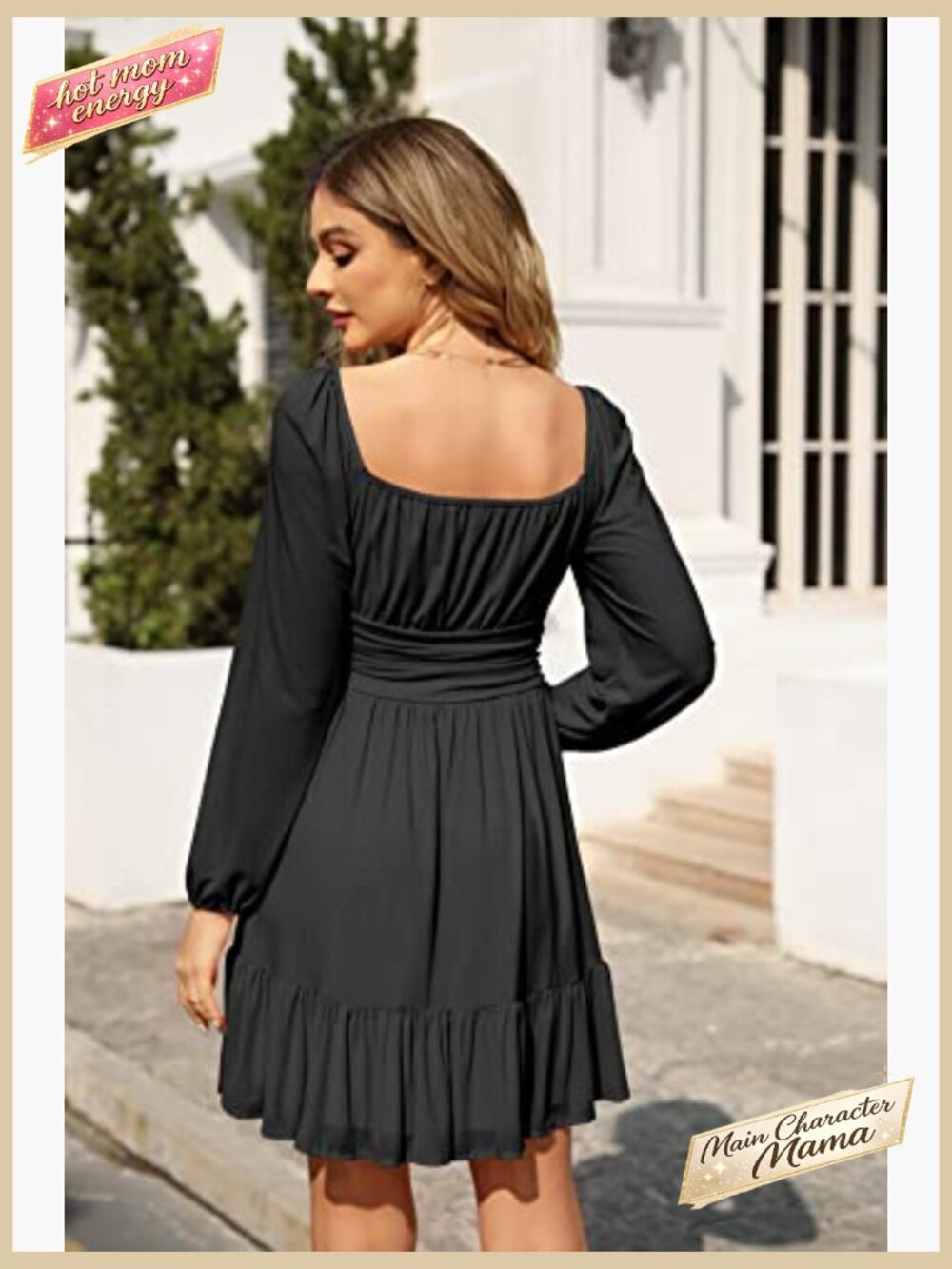 Mesh Long Sleeve Square Neck Mini Dress Ruffle Hem High Waist A-Line Flowy Party - Picture 4 of 7